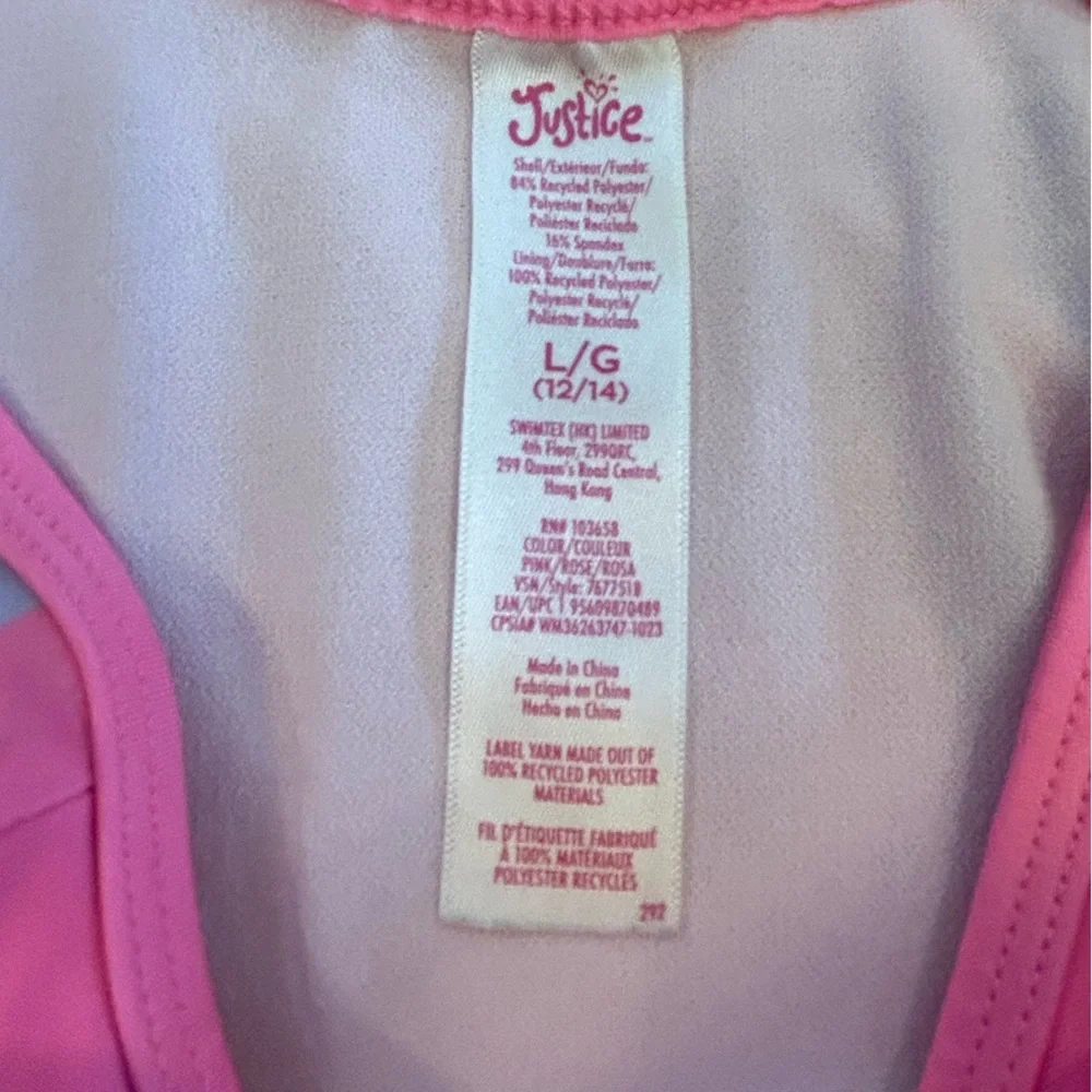 Justice Girls L 12/14 Neon Pink Rainbow Sleeve Swimtek Top
